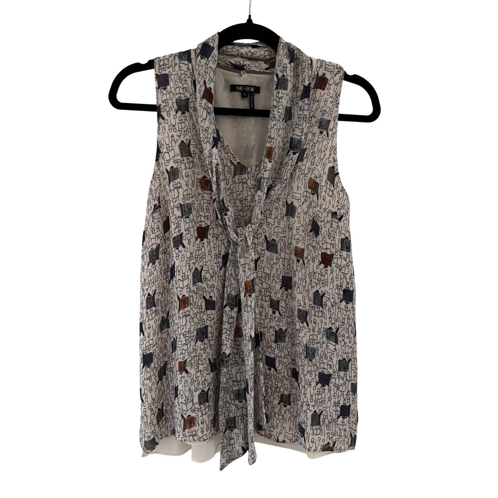 Nic+Zoe Womens Ivory Abstract Newspaper Print Tie Neck Sleeveless Blouse Small